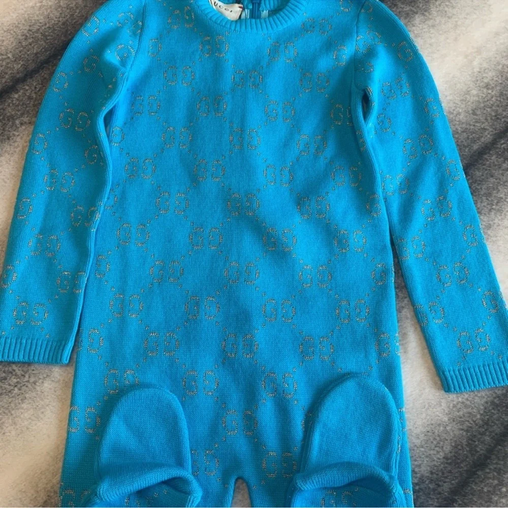 Gucci Double G Long Sleeve All In One One Piece GG Logo Gold Turquoise Onesie